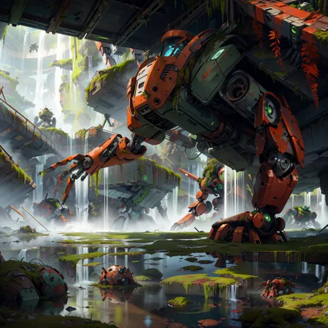 masterpiece, best quality, anime style, 8k, natural lighting, soft lighting, sunlight, (a giant_abandoned_robot full with rust and moss:1.35), waterfalls and beautiful nature , reflective water in background, no people, HDR (High Dynamic Range), Ray Tracing, NVIDIA RTX, Super-Resolution, Unreal 5, Maximum Clarity And Sharpness, Multi-Layered Textures, <lora:add_detail:0.3> <lora:sc:0.1> <lora:mecha_offset:0.1>