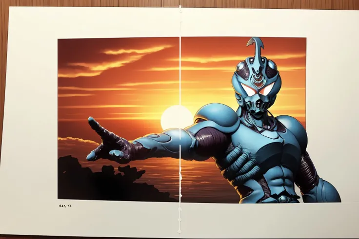 g01, upper body, solo, 1boy, looking to the side, ink_\(medium\), foreshortening, wide shot, sunset <lora:Guyver_v15:1>