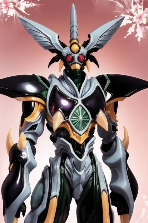 Create an entity. She has a mechanical appearance, with a metallic humanoid body in purple and green colors. Its head is shaped like a helmet, its jaw shaped like a skull, and a metallic horn on the top. Behind, there is a completely white background