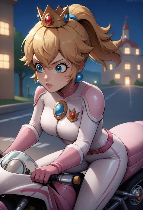 score_9, score_8_up, score_7_up, source_anime, 1girl, solo, <lora:PrincessPeach_XLPD:1>, IncrsPchBiker, long hair, ponytail, biker clothes, bikesuit, pink bodysuit, pink gloves, skin tight, crown, jewelry, earrings, cowboy shot, motorcycle, motor vehicle, ground vehicle, on vehicle, night, on motorcycle, driving, leaning forward, motion lines, motion blur,