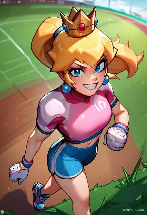 score_9, score_8_up, score_7_up, solo, 1girl, IncrsPchStriker, grin, looking at viewer, running, looking at viewer, long hair, ponytail, sportswear, midriff, crop top, navel, soccer uniform, short sleeves, short shorts, pink shirt, white gloves, crown, jewelry, earrings, outdoors, grass <lora:style_qt0ri_ponyXL:1> <lora:PrincessPeach_XLPD:0.95>