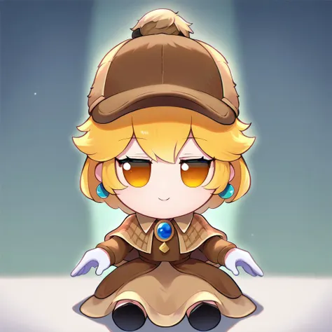 a cartoon girl sitting on the ground with a hat and gloves