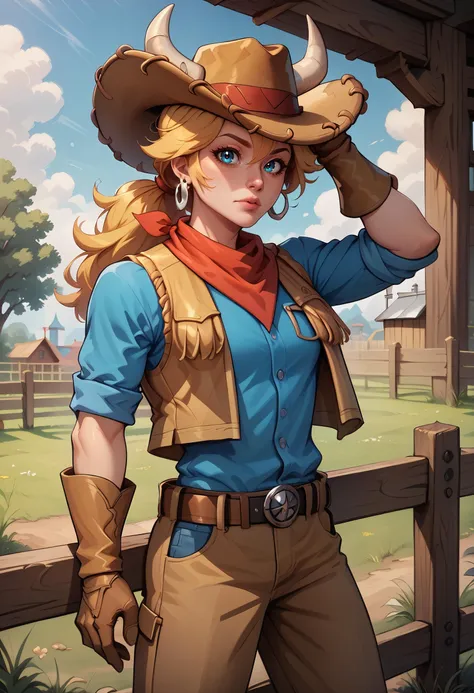 score_9, score_8_up, score_7_up, score_6_up BREAK outdoors,fence,leaning,arm support,IncrsPchWestern, long hair, ponytail, cowboy hat, cowboy western, pants, belt, blue shirt, vest, brown gloves, horns, bandana, jewelry, earrings <lora:PrincessPeach_XLPD:1>