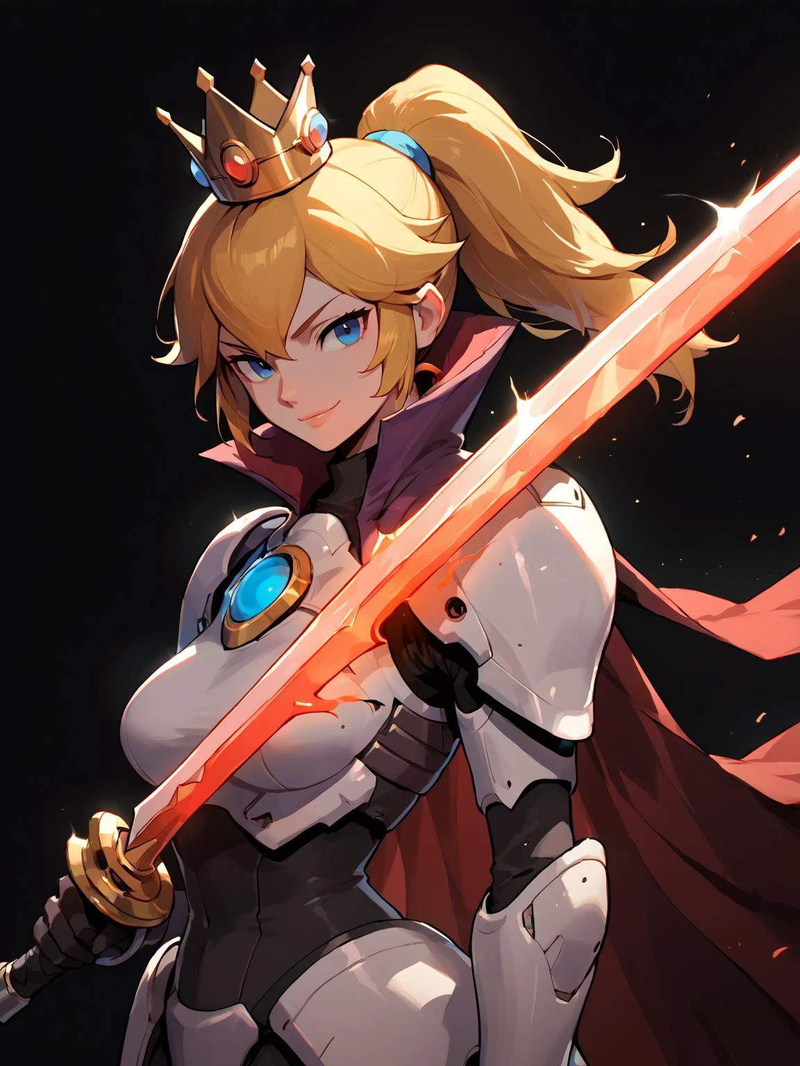 score_9, source_anime, score_8_up, score_7_up, 1girl, solo, breasts, black background, backlighting, <lora:PrincessPeach_XLPD:1> silhouette, fire cape, nighttime, darkness, extremely dark, ponytail, crown, shadows, chiaroscuro, seductive smile, <lora:Pony_Mecha_Knight_-_By_HailoKnight:.5> hkmecha, hard outline, upper body, holding glowing sword