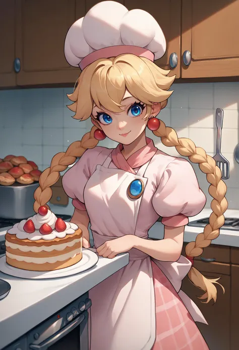 score_9, score_8_up, score_7_up, source_anime, 1girl, <lora:PrincessPeach_XLPD:0.8>, IncrsPchPatissiere, blue eyes, long hair, braid, twin braids, chef hat, apron, pink dress, puffy sleeves, puffy short sleeves, jewelry, earrings, kitchen, cake, seductive smile, plaid