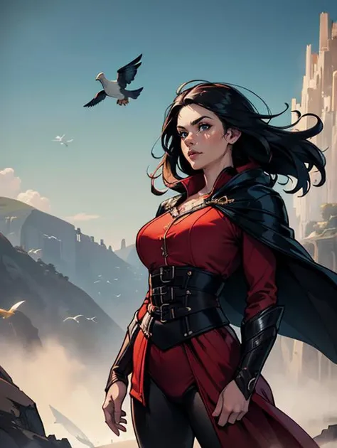 (clothed, masterpiece, wide angle, cinematic establishing shot, young adult european woman, highly detailed background:1.2), volumetric lighting, subsurface scattering, dynamic pose, (special effects, color grading, fantasy aura), (Wind Rider:1.4), (Small Perky breasts:0.81), Skyhigh cliffs, soaring birds, windblown hair, feathered cloak