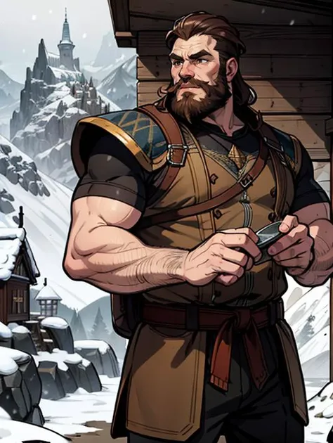 (masterpiece, best quality), extremely detailed, High quality texture, intricate details, High quality texture, perfect illustration, a dwarven sentry, standing high in the mountains in front of a cozy illuminated watchtower, a large battle axe in both hands, it is snowing heavily, snow in hair and beard, rusty brown hair, rusty brown beard, weathered face, it is windy