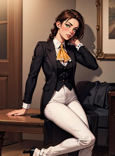 ultra realistic 8k, picture-perfect face, flawless, clean, masterpiece, cinematic lighting, cinematic bloom, perfect face, beautiful face, extremely detailed eyes, 1girl wearing a r1d3r, (formal jacket), long sleeves, black (tailcoat), white pants, ascot, frills, high collar, high heel boots, cuffs, buttons, flower, puffy sleeves, (dynamic pose), hyperrealistic photography, extremely detailed CG unity 8k wallpaper, HDR, RAW photo, dslr, intricate detail, cute, magical, enchanting, parted lips, vibrant lighting, vibrant colors, (masterpiece, best quality, ultra-detailed, best shadow), perfect female body perfect female waist medium breasts, photography BREAK long hair, crownbraid, chestnut brown hair, ponytail, crownbraid tie, (pronounced blush), beautiful green eyes