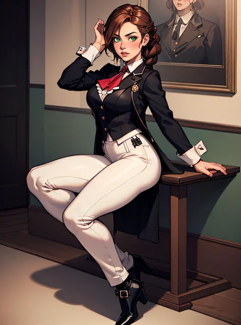 ultra realistic 8k, picture-perfect face, flawless, clean, masterpiece, cinematic lighting, cinematic bloom, perfect face, beautiful face, extremely detailed eyes, 1girl wearing a r1d3r, (formal jacket), long sleeves, black (tailcoat), white pants, ascot, frills, high collar, high heel boots, cuffs, buttons, flower, puffy sleeves, (dynamic pose), hyperrealistic photography, extremely detailed CG unity 8k wallpaper, HDR, RAW photo, dslr, intricate detail, cute, magical, enchanting, parted lips, vibrant lighting, vibrant colors, (masterpiece, best quality, ultra-detailed, best shadow), perfect female body perfect female waist medium breasts, photography BREAK long hair, crownbraid, chestnut brown hair, ponytail, crownbraid tie, (pronounced blush), beautiful green eyes