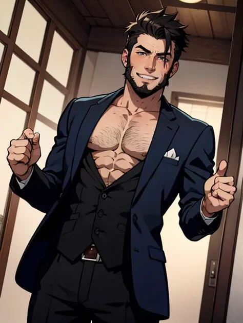 Anime, of a 24yo redneck male, average, armory, masterpiece, pubic hair, grinning, short hair, slightly hairy chest, prom suit, from below