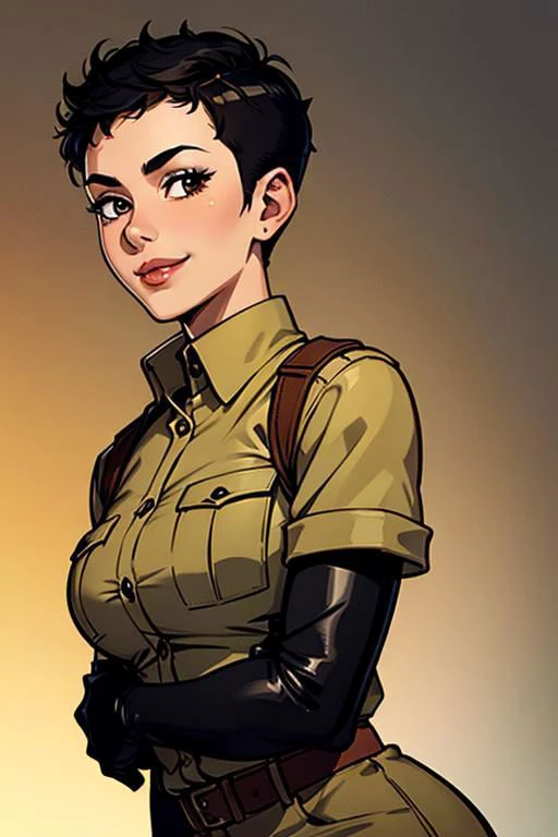 spiky bald hairstyle, short hair, mexican skin, gloves, uniform military, 1girl ,dark black hair, ((hair cut super short,)), soft Brown eyes, smile lips,