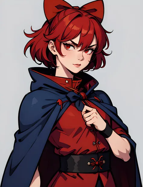 solo,v-shaped eyebrows,blue bow,high collar,red hair,red cape,white background,sekibanki,hair bow,short hair,cape,upper body,hair between eyes,surisurisitai,bow,metadata request,red cloak,covered mouth,1girl,red eyes,bangs,highres,cloak,simple background,touhou,scrimmer,grey background,looking at viewer