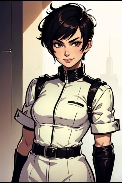 spiky bald hairstyle, short hair, mexican skin, gloves, uniform military, 1girl ,dark black hair, ((hair cut super short,)), soft Brown eyes, smile lips,