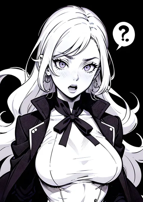 mature female, large breasts, ,amani,shirt,:o,open jacket,ribbon,wide-eyed,spoken interrobang,solo,lora,black background,1girl,long hair,aniwave,monochrome,surprised,purple theme,!?,simple background,open clothes,white eyes,open mouth,upper body,jacket