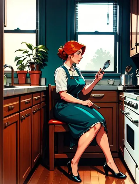 (full body, wide angle, style of Hasselblad,cinematic establishing shot:1.3),photo of early twenties woman sitting++ in kitchen from the side head turned look at window,available light,classic black Mary Jane shoes,classic 1950's style kitchen,authentic time period details,vintage American home,nostalgic ambiance,housewife character,seated on an undersized chair,gazing thoughtfully out the window,embodying a melancholy mood. Outfit: elegant aqua dress with crisp white collar and trim,period-accurate style,auburn hair styled in a typical 1950s fashion,ginger feature,thoughtful expression,wearing white apron++. Kitchen setting: oven,stove,(vibrant reddish orange cabinets),chrome handles and formica countertops,intage rotary phone,window blinds casting striped shadows,potted plant,toaster oven,hanging kitchen utensils,smooth lighting,n
