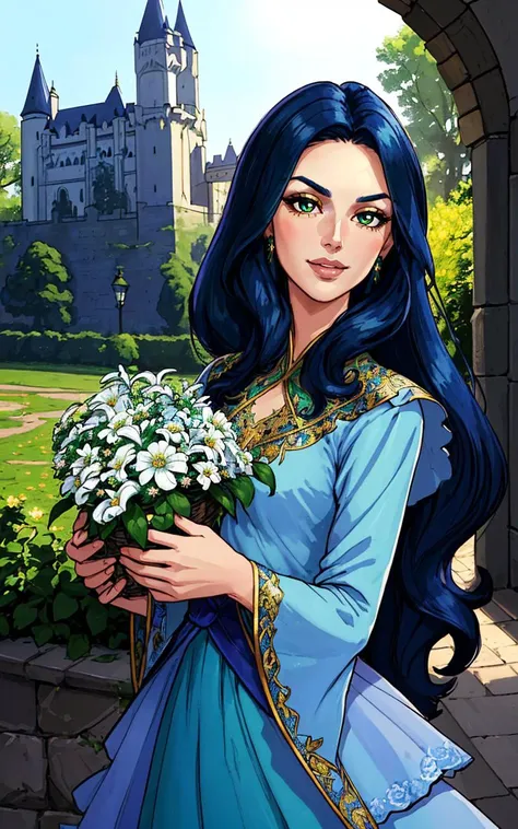 (perfect seductive young czech woman selling magical flowers:1.3),(25 years old, small covered breasts, skinny, slender, young woman:1.2), (Oval-shaped face, luminous complexion, Bright almond-shaped eyes looking at viewer, Arched defined eyebrows, retroussé nose, bow-shaped lips, cheeky, Mischievous Sly+ smirk:1.2),,(style of Annie Leibovitz), flowing hair styled loose curls, subtle makeup emphasizing natural beauty, vibrant medieval castle courtyard, bright sunlight, raditional Renaissance gown, voluminous skirt with rich embroidery, deep jewel tones - emerald greens and sapphire blues, intricately patterned gold brocade, delicate lace accents at the cuffs and neckline, basket of vividly roses, lilies, and daisies, styled to appear freshly picked, background bustling with castle life - knights, courtiers, and minstrels, intricate stone carvings and hanging tapestries, lively atmosphere with a sense of historical authenticity, a blend of fantasy realism captivating (Layered Depth, Parallax Effect, Soft focus foreground:1.3),