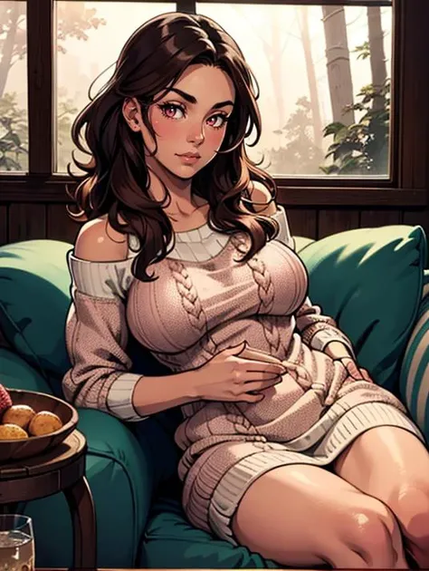 16k, masterpiece, photorealistic,a cute english girl , delicate pink eyes , cool mocha brown beach waves hair ,buff skin, soft skin texture, skin grain, wool knitted intricate clothes , cozy living room in a wood forest lodge, nightime