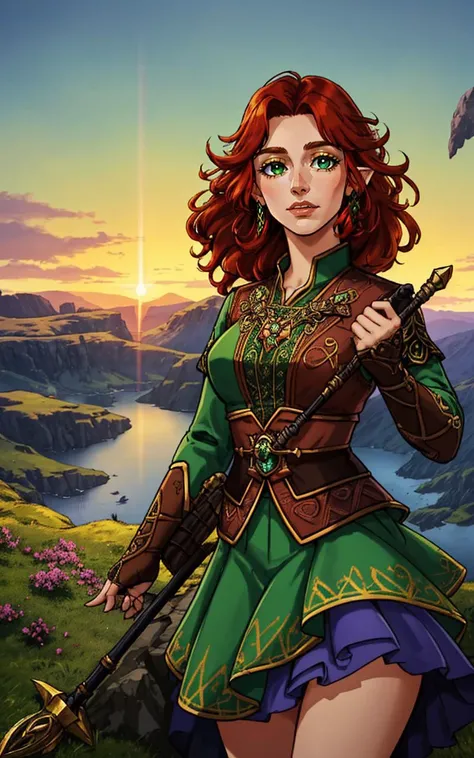 outdoor Scottish highlands, vivid sunset hues, fantasy setting. A striking redhead woman, (distinctly Scottish), wearing an elaborate elven inspired gown is a fusion of deep emerald green and earthy browns, with intricate Celtic knotwork embroidery in gold thread, Flowing sleeves, a fitted bodice+, short skirt , fiery red hair is styled in a cascade of loose curls, green eye, stands atop a grassy knoll, overlooking a misty loch. In her hands, she holds an ancient, rune carved staff, emanating a soft, other worldly glow., (Layered Depth, Parallax Effect, Soft focus foreground:1.3),