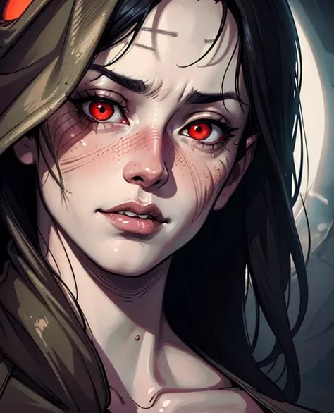 , ((Face close up)), best quality, clear graphics, torch light, (The detail is clear to every hair on the face), 1girl, demonic, evil, nsfw, sexy woman, eye depth, (brother moons), (dead space) ,science fiction, (beautiful glowing red eyes), photo realistic, 20 megapixel, nikon d850, ((vibrant, photo realistic, realistic, dramatic, sharp focus, 8k)), (faded freckles:0.6), subsurface scattering, sharp, retouched, intricate detail, by Greg Rutkowski, by (Jeremy Lipking,:0.8), ((junji ito)), by ralph bakshi,((Silent Hill)), H.R. Giger, Beksinski