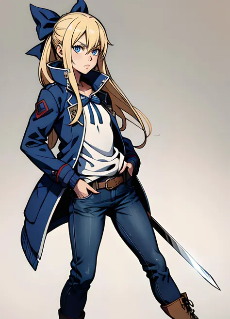 alice zuberg,long hair,two-tone background,blue jacket,highres,blonde hair,denim,tokuoka kouhei,sidelocks,solo,jacket,copyright name,bow,open jacket,sword art online: alicization,blue eyes,hair bow,1girl,sword art online,open clothes,hands in pockets,simple background,very long hair,jeans,pants,boots