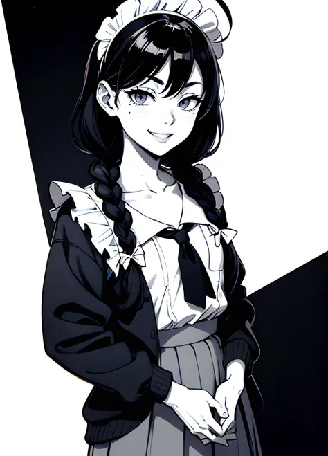 single braid,maid,solo,hayashi itsuki,hands in pockets,simple background,1girl,maid headdress,smile,flat chest,mole under eye,shirt,skirt,monochrome,clenched teeth,teeth,looking at viewer,mole,blue archive,greyscale,ahoge,absurdres,braid,collarbone,neru \(blue archive\),jacket,highres,white background