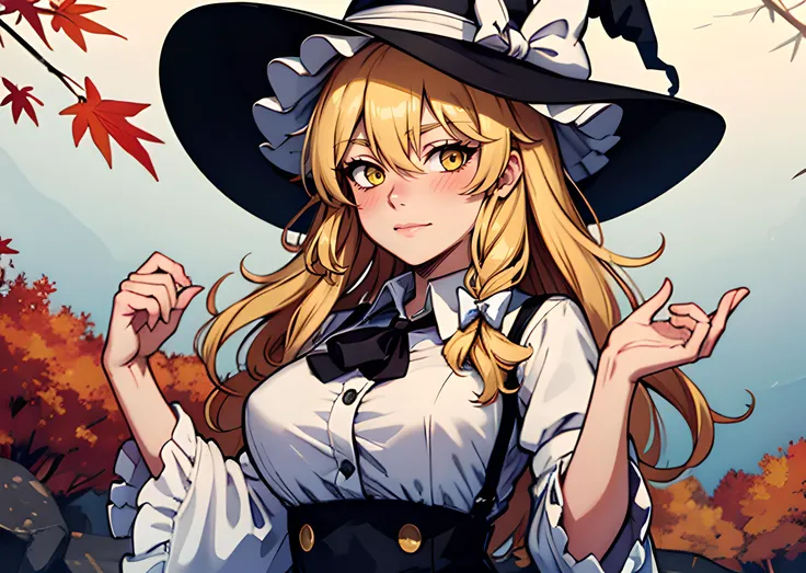 mature female, large breasts, ,highres,nijijourney,white bow,looking at viewer,bangs,hat bow,yellow eyes,leaf,hat,autumn,black headwear,witch hat,solo,knot creator,outdoors,hair between eyes,autumn leaves,upper body,white shirt,blush,blonde hair,wide sleeves,frills,hand up,long sleeves,bow,1girl,kirisame marisa,touhou,maple leaf,closed mouth,shirt,long hair