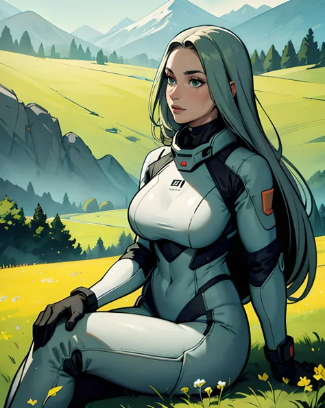 professional photo of a beautiful woman in grey space suit sitting in a tall grass, holding flowers, field, green colors, mountains in the background, warm colors, sunlight, contrast, film grain, photoshoot