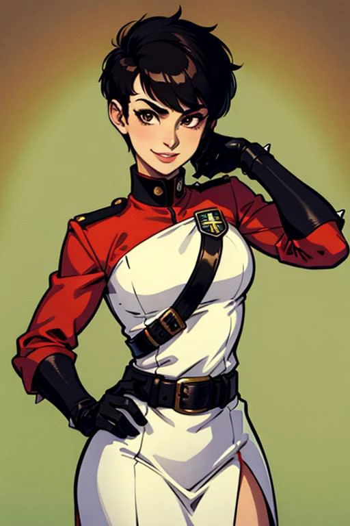 spiky bald hairstyle, short hair, mexican skin, gloves, uniform military, 1girl ,dark black hair, ((hair cut super short,)), soft Brown eyes, smile lips,