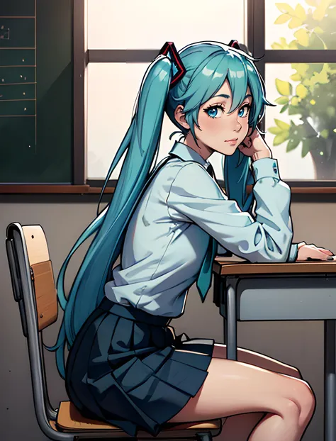 indoors,solo,from side,head rest,window,school chair,vocaloid,backlighting,classroom,sunlight,long sleeves,model request,chalkboard,blurry background,blurry,depth of field,looking at viewer,aqua hair,very long hair,solo focus,skirt,closed mouth,1girl,aqua eyes,desk,school uniform,long hair,highres,metadata request,sidelighting,tarte \(hodarake\),blue eyes,sitting,hatsune miku,chair,shirt,pleated skirt,light particles,black skirt,blue hair,school desk,twintails,book
