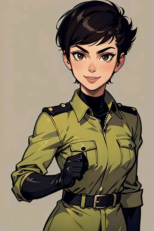 spiky bald hairstyle, short hair, mexican skin, gloves, uniform military, 1girl ,dark black hair, ((hair cut super short,)), soft Brown eyes, smile lips,