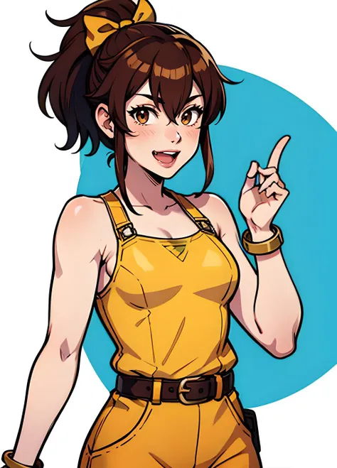 solo,fire emblem echoes: shadows of valentia,sleeveless,short hair,fire emblem,blush,yellow bow,smile,white background,delthea \(fire emblem\),fang,hair between eyes,jewelry,small breasts,sleeveless jumpsuit,hiramine akira,simple background,hair bow,brown hair,jumpsuit,breasts,ponytail,short jumpsuit,open mouth,nintendo,bare shoulders,:d,1girl,bow,brown jumpsuit,bracelet,brown eyes