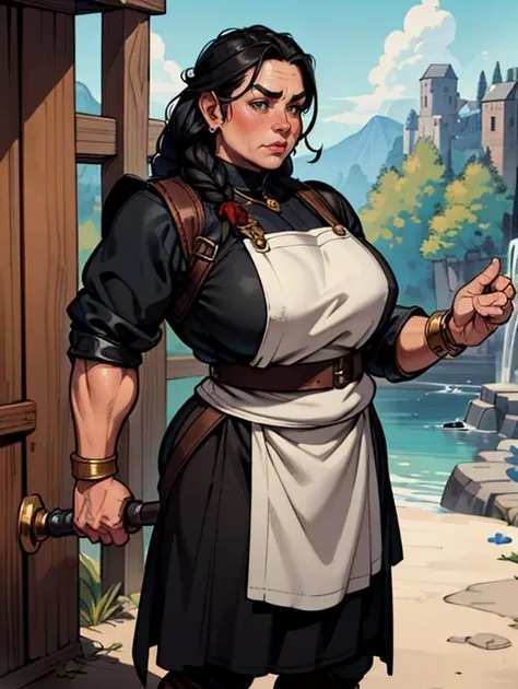 character design of a fantasy (female dwarf:1.1) blacksmith in her fifties, hammer, musculous, fat, stocky, bulky, strong, large face, long braided greyed hair, jewelry, leather apron, medieval outfit, kind, dnd, masterpiece, extremely detailed, trending on artstation, , fine details, 4k resolution