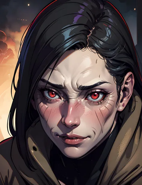 , ((Face close up)), best quality, clear graphics, torch light, (The detail is clear to every hair on the face), 1girl, demonic, evil, nsfw, sexy woman, eye depth, (brother moons), (dead space) ,science fiction, (beautiful glowing red eyes), photo realistic, 20 megapixel, nikon d850, ((vibrant, photo realistic, realistic, dramatic, sharp focus, 8k)), (faded freckles:0.6), subsurface scattering, sharp, retouched, intricate detail, by Greg Rutkowski, by (Jeremy Lipking,:0.8), ((junji ito)), by ralph bakshi,((Silent Hill)), H.R. Giger, Beksinski