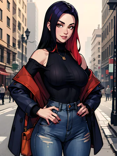 masterpiece, best quality, absurdres, perfect antomy, Ouro Kronii, 1girl, solo, long hair, multicolored hair, breasts, pants, bag, sweater, coat, turtleneck, denim, jeans, handbag, turtleneck sweater, high-waist pants, bare shoulders, looking at viewer, smile, hand on hip