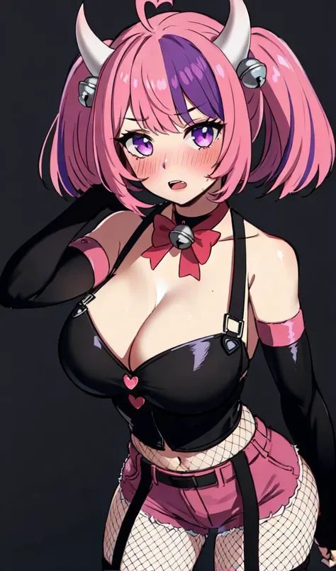 ((<lyco:GoodHands-beta2:1.0>)), <lora:Ironmouse:0.8>, ironmouse,1girl, mature female,horns, virtual vtuber, purple hair, multicolored hair, twintails, pink hair, demon girl, ahoge, bell, blush, purple eyes, bangs, large breasts, fingerless gloves, demon tail, cleavage, elbow gloves, heart ahoge, fishnet pantyhose, bow, pink bow, short shorts, pink shorts, black shirt, upper teeth, bell, hair ornament,, (masterpiece:1.0), (best quality:1.0), (8k wallpaper:1.0), extremely delicate and beautiful, (beautiful detailed face:1.0), (detailed deep eyes), symmetrical breasts, deep eyes
