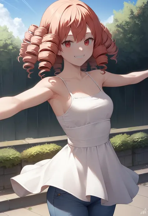 score_9, score_8_up, score_7_up, source_anime, 1girl,red eyes,smile, outdoors, best quality,  red hair, ringlets, outstretched arms,  white sundress, by uodenim <lora:Uodenim-Style-PonyXL:1>
