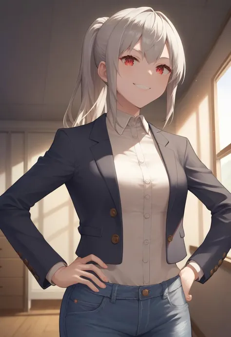 score_9, score_8_up, score_7_up, source_anime, 1girl,red eyes,smile, room, ponytail,grey hair, portrait,hand on hip, blazer, by uodenim <lora:Uodenim-Style-PonyXL:1>