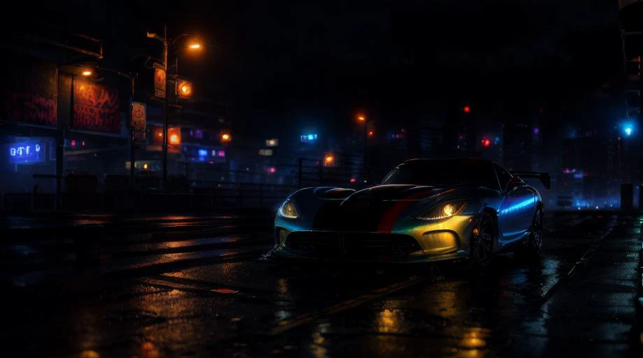 dark night, (((night city))), night lights, (masterpiece, best quality:1.2), ultra-detailed, headlights on, dark sky, moon, ((Dviper)),moving fast, car in center of photo, presentation, exhibition, <lora:Dviper_V2:0.8>, moving fast, road, fast and furious, blockbuster poster, polished body with mirror of environmental , realistic photo, 4k, ((city streets)) , Tokyo background , ((night)) , vehicle focus, city, neon lights, skyscraper, wide camera angle, racing , car with smoke coming out of it driving , city made out of glass, realism, 8 k, exploration, cinematic, t volumetric light, ((((cinematic look)))), soothing tones, insane details, intricate details, hyperdetailed, low contrast, soft cinematic light, dim colors, exposure blend, hdr, faded, slate gray atmosphere, (hi contrast), Panavision, lens flare, wallpaper, three quarter frame, (foggy), cyberpunk, future, (Blade Runner film), ((wet asphalt)), reflections, industrial, (rain) , (Japan city), traffic, (graffiti on walls)