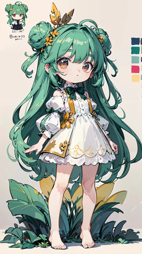 (super detailed CG: 1.3),(8K: 1.3),(original),(very detailed wallpaper),((best quality)),(masterpiece) ,((delicate face)),((detailed background)),((delicate eyes)),((best lighting)) ,(super complex details),((an extremely delicate and beautiful)),very detailed illustrations, professional, perfect detail 4K unified ,(delicate hair),
full body,(infographic:1.2),white dress,lace,bow tie,star, patent drawings, physical measurement, (all clothes configuration:1.3), stationery, (solo), standing, cohesive background, (character sheet:1.2), (expression sheet), (by exquisite colors block:1.4),depthoffield,colorful,(1girl:1.1),chibi,dark green hair,absurdly long hair,double bun,(red eyes),green leaf hair accessory, barefoot, watermelon leaves,<lora:youko128dim-epoch-000006:0.65:MIDD>,