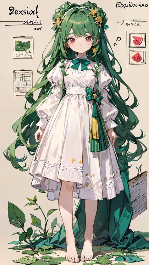 (super detailed CG: 1.3),(8K: 1.3),(original),(very detailed wallpaper),((best quality)),(masterpiece) ,((delicate face)),((detailed background)),((delicate eyes)),((best lighting)) ,(super complex details),((an extremely delicate and beautiful)),very detailed illustrations, professional, perfect detail 4K unified ,(delicate hair),
full body,(infographic:1.2),white dress,lace,bow tie,star, patent drawings, physical measurement, (all clothes configuration:1.3), stationery, (solo), standing, cohesive background, (character sheet:1.2), (expression sheet), (by exquisite colors block:1.4),depthoffield,colorful,(1girl:1.1),dark green hair,absurdly long hair,(red eyes),green leaf hair accessory, barefoot, watermelon leaves,<lora:youko128dim-epoch-000006:0.65:MIDD>,