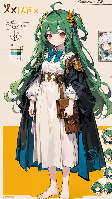 (super detailed CG: 1.3),(8K: 1.3),(original),(very detailed wallpaper),((best quality)),(masterpiece) ,((delicate face)),((detailed background)),((delicate eyes)),((best lighting)) ,(super complex details),((an extremely delicate and beautiful)),very detailed illustrations, professional, perfect detail 4K unified ,(delicate hair),
full body,(infographic:1.2),white dress,lace,bow tie,star, patent drawings, physical measurement, (all clothes configuration:1.3), stationery, (solo), standing, cohesive background, (character sheet:1.2), (expression sheet), (by exquisite colors block:1.4),depthoffield,colorful,(1girl:1.1),dark green hair,absurdly long hair,(red eyes),green leaf hair accessory, barefoot, <lora:youko128dim-epoch-000006:0.65:MIDD>,