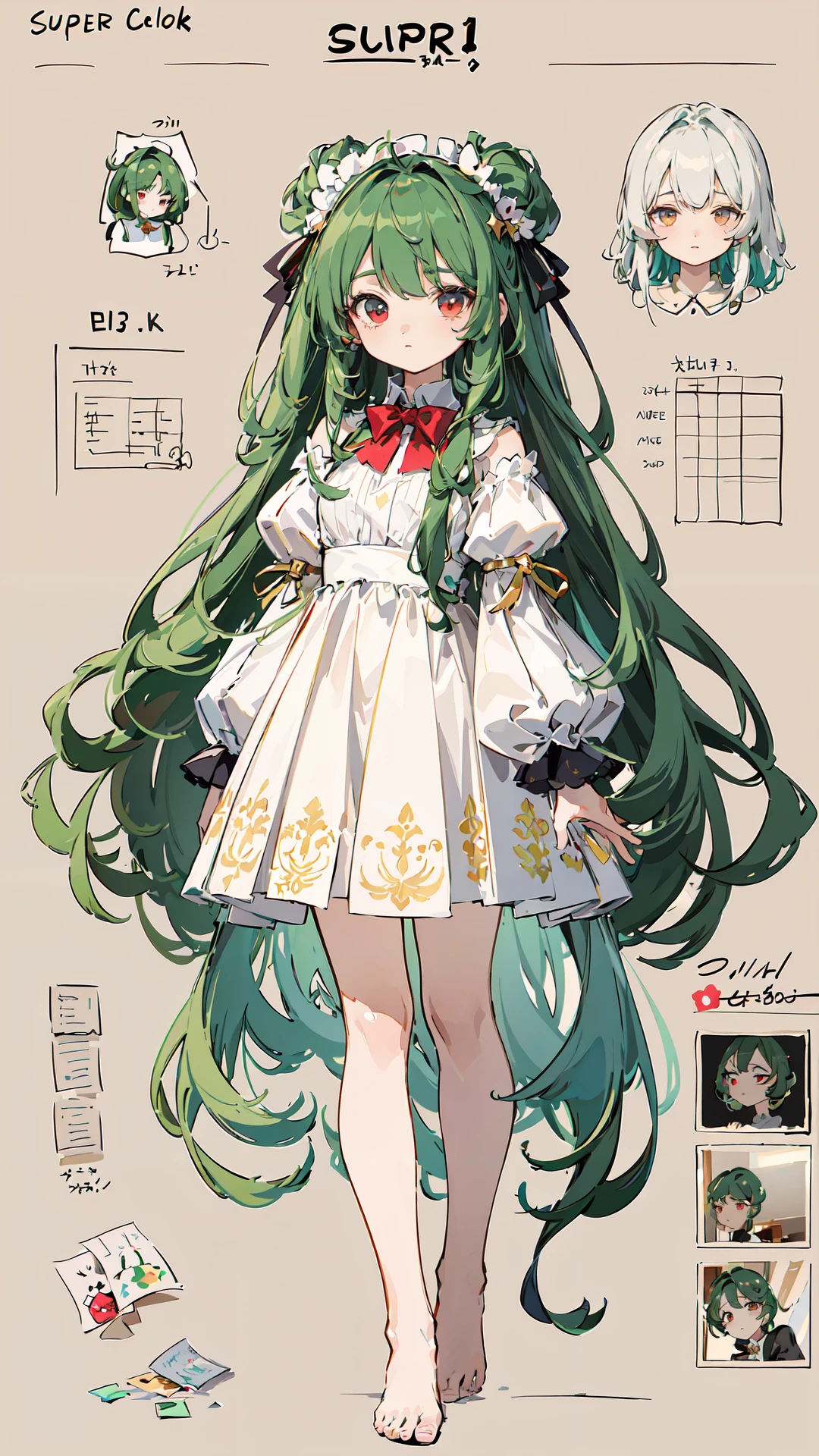(super detailed CG: 1.3),(8K: 1.3),(original),(very detailed wallpaper),((best quality)),(masterpiece) ,((delicate face)),((detailed background)),((delicate eyes)),((best lighting)) ,(super complex details),((an extremely delicate and beautiful)),very detailed illustrations, professional, perfect detail 4K unified ,(delicate hair),
full body,(infographic:1.2),white dress,lace,bow tie,star, patent drawings, physical measurement, (all clothes configuration:1.3), stationery, (solo), standing, cohesive background, (character sheet:1.2), (expression sheet), (by exquisite colors block:1.4),depthoffield,colorful,(1girl:1.1),dark green hair,absurdly long hair,(red eyes),green leaf hair accessory, barefoot, <lora:youko128dim-epoch-000006:0.65:MIDD>,