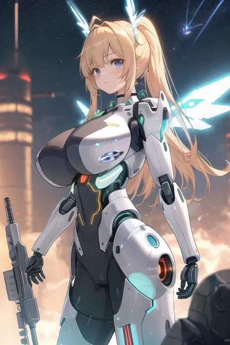 (girl),((huge breasts:1.2)),shiny cybernetic suit,science fiction,light beam mark,mecha musume,Multiple Armaments,(cybernetic weapon:1.4,energy wings:1.4,energy cannon:1.4),sky,twin tail,long hair,((slender)),cute face,(look at viewer),cameltoe,(soft focus),(extremely detailed CG unity 8k wallpaper, masterpiece, best quality, ultra-detailed),hires,
