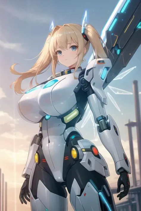 (girl),((huge breasts:1.2)),shiny cybernetic suit,science fiction,light beam mark,mecha musume,Multiple Armaments,(cybernetic weapon:1.4,energy wings:1.4,energy cannon:1.4),sky,twin tail,long hair,((slender)),cute face,(look at viewer),cameltoe,(soft focus),(extremely detailed CG unity 8k wallpaper, masterpiece, best quality, ultra-detailed),hires,