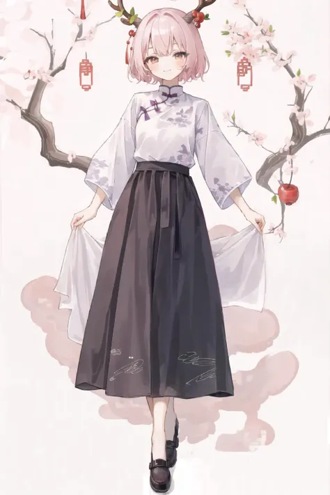 <lora:QiPao2:0.65>
greeting card, plum bossom, abstract art,
beautiful girl, deer horns, cute face, smile, closed mouth,
chinese upshirt, long skirt,
full-body shot