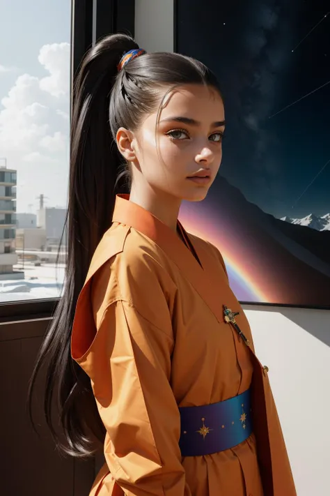 Influencers_Deluxe_Keira_Munroe, (by Nicola Samori:1.3) and (David Brown Milne:1.2) and (Minjae Lee:0.9) , detailed Renderman, award winning, shot from behind of a [Inconsiderate:Nonchalant:12] Human slight [Ethiopian:New Wave:17] (Female Shaolinn Monk:1.3) , her hair is Goth and styled as High ponytail, from inside of a Unadvised Tundra, desolate space and Libra constellation in background, Summer, Wide view, Fearful, Cloudpunk, Cold Lighting, 800mm lens, Saturated, Embroidery, halftone texture, realistic and detailed, detailed skin, dslr, arthouse