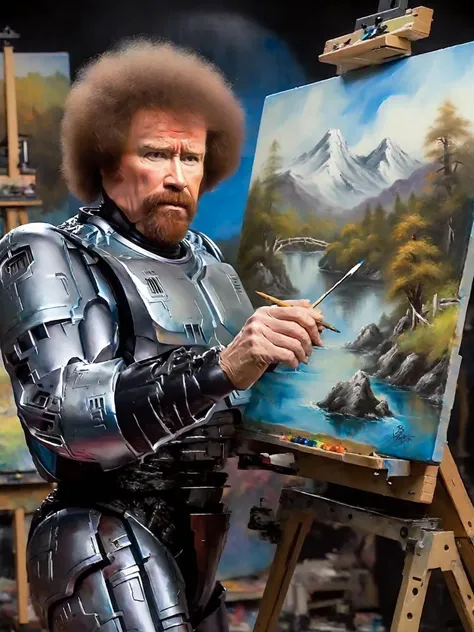 ocprobocop as bob ross painting a landscape on canvas, easel, studio <lora:hjocprobocop_v10xl:1>