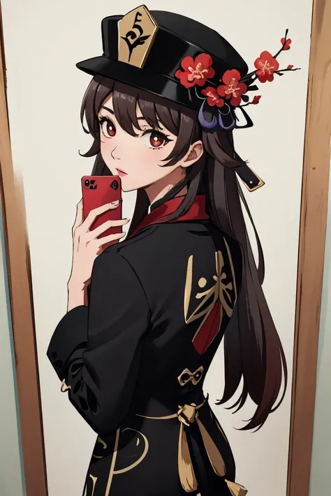 Highly detailed, High Quality, masterpiece, <lora:MirrorSelfieLora:1> mirror selfie, looking from back, holding phone, <lora:hutao1:0.9> hutaodef,