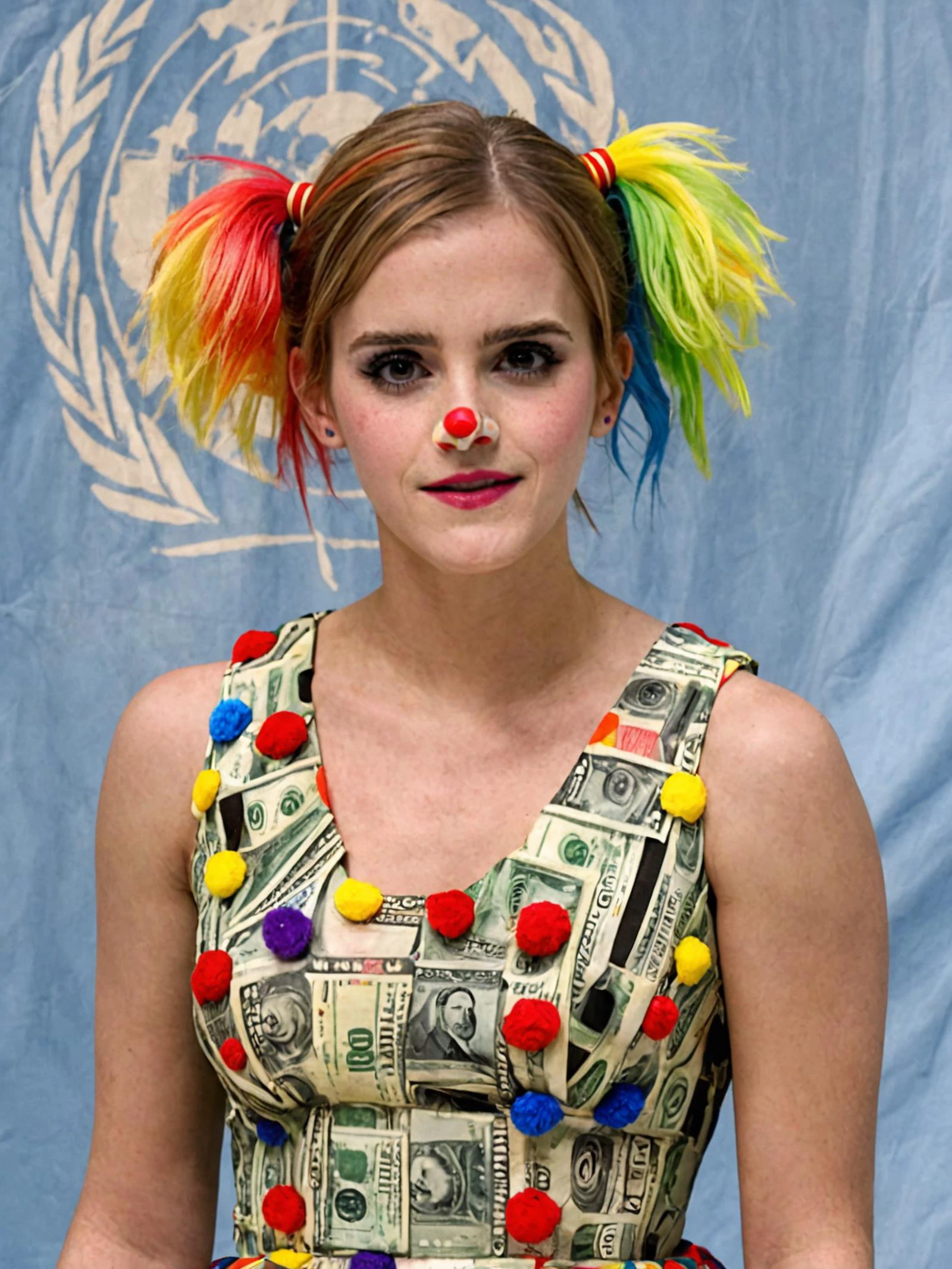 upper body photo of <lora:SDXL - Person - Emma Watson v1.1 (woman):1> woman emma watson with a (clown nose, clown makeup and rainbow clown wig:5.0) and a (dress made from dollar banknote bills:4.0) (giving a speech at the united nations with the UN logo in the background:6.0)
(big smile:3.0)
masterpiece, best quality, ultra detailed photo, realism, highly realistic, masterful photography, perfect composition, professional photograph,