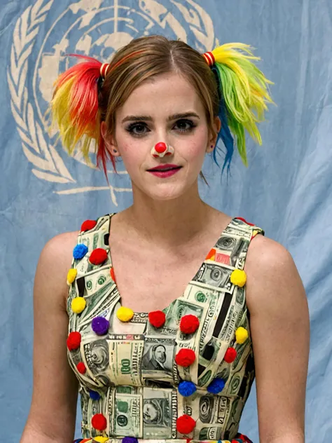 upper body photo of <lora:SDXL - Person - Emma Watson v1.1 (woman):1> woman emma watson with a (clown nose, clown makeup and rainbow clown wig:5.0) and a (dress made from dollar banknote bills:4.0) (giving a speech at the united nations with the UN logo in the background:6.0)
(big smile:3.0)
masterpiece, best quality, ultra detailed photo, realism, highly realistic, masterful photography, perfect composition, professional photograph,